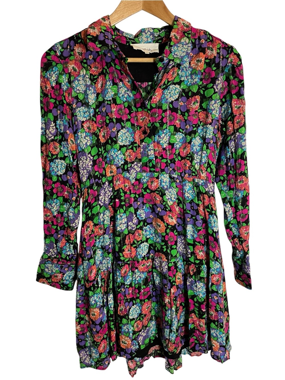 ba&sh Black Floral Long Sleeve Dress with Pink Green Purple Accents Size 0
